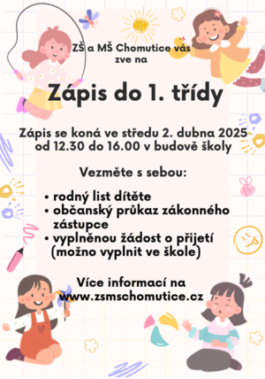 Zápis do 1. třídy ve středu 2. dubna 2025 od 12.30 do 16.00.